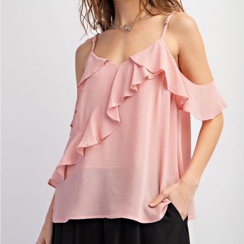 NWT EASEL Bohemian Pink Ruffle Cold Shoulder Top S M L